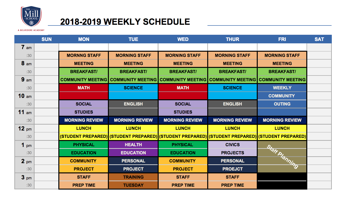 Sample Weekly Schedule :: The Mill School - A Belvedere Academy